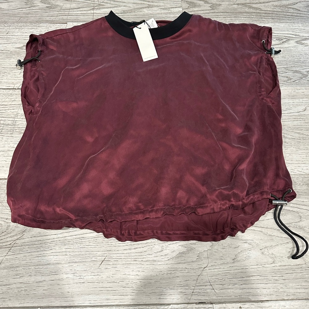 Public School Burgundy Short-Sleeve Drawstring Sweatshirt with Black Neck Trim